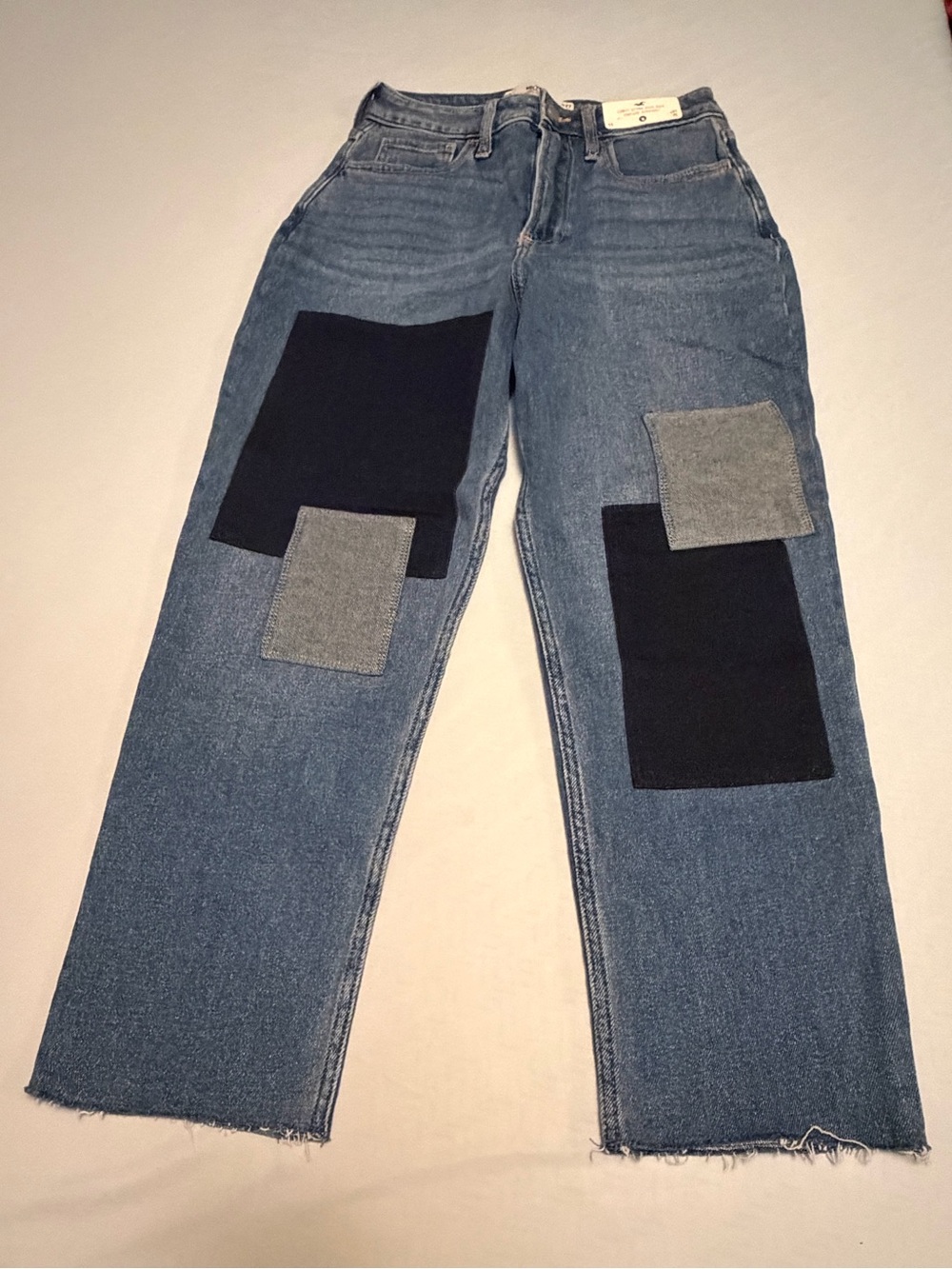Hollister Blue Denim Straight Jeans with Black & Gray Patchwork